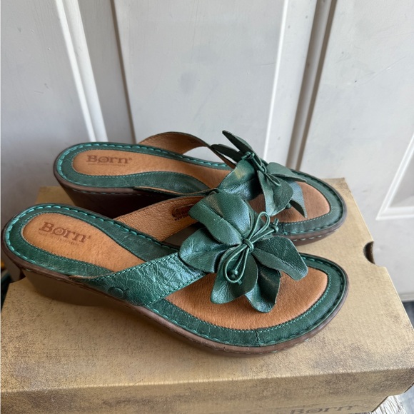 Born Shoes - Born Green Leather Wedge Mules with Floral Bow